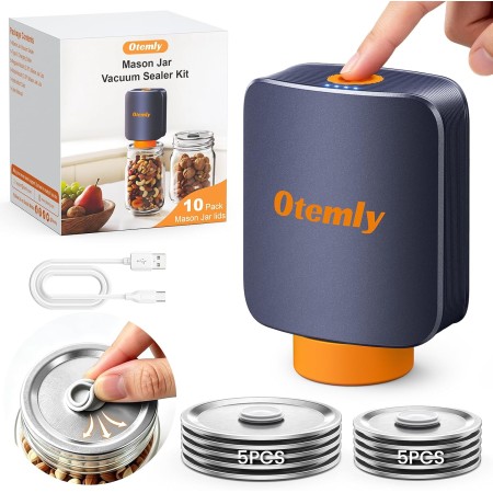 Otemly Electric Mason Jar Vacuum Sealer Kit with 10 Reusable Mason Jar Lids Tool-Free Opening Wide & Regular Lids, 15-20s Fast Sealing, Portable & Compact Mason Jar Sealer, 2000mAh Battery Otemly Electric Mason Jar Vacuum Sealer Kit with 10 Reusable Mason Jar Lids Tool-Free Opening Wide & Regular Lids, 15-20s Fast Sealing, Portable & Compact Mason Jar Sealer, 2000mAh Battery